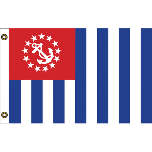 US Power Squadron flag with blue and white vertical stripe and a red canton with whit anchor and stars