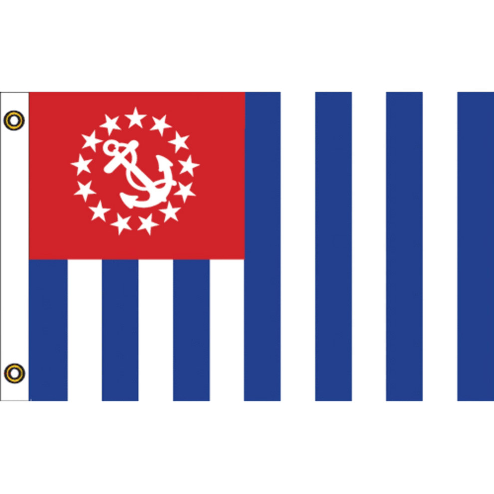 US Power Squadron flag with blue and white vertical stripes and a red square with white anchor and stars