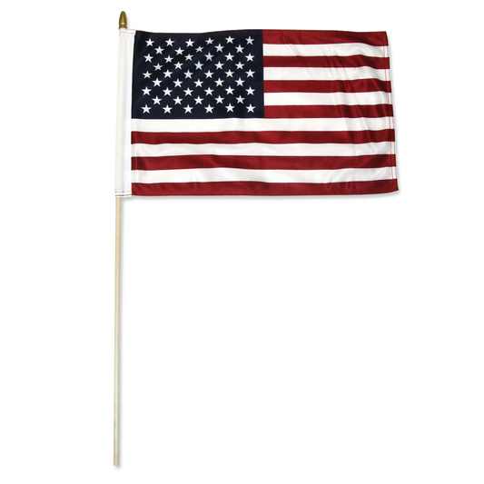 An American flag mounted on a light-colored wooden pole with a gold spear finial, shown against a plain white background.