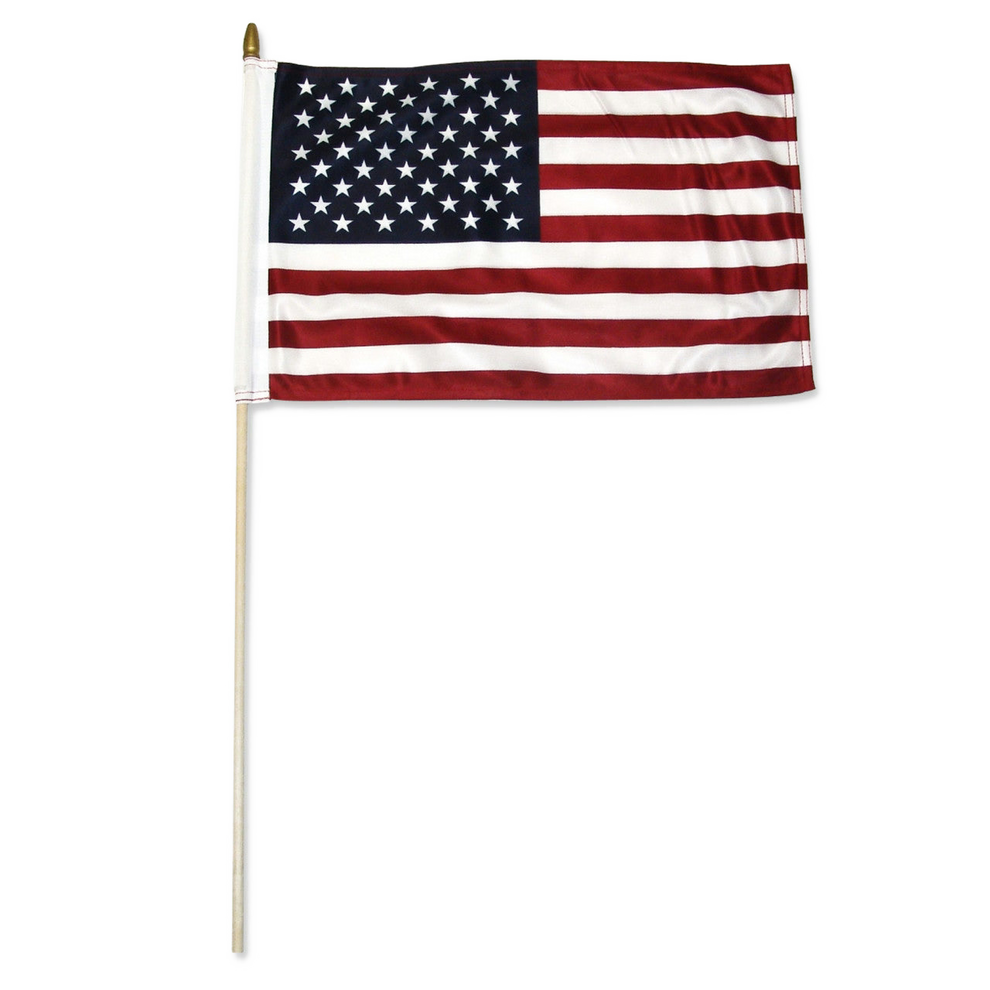 An American flag mounted on a light-colored wooden pole with a gold spear finial, shown against a plain white background.