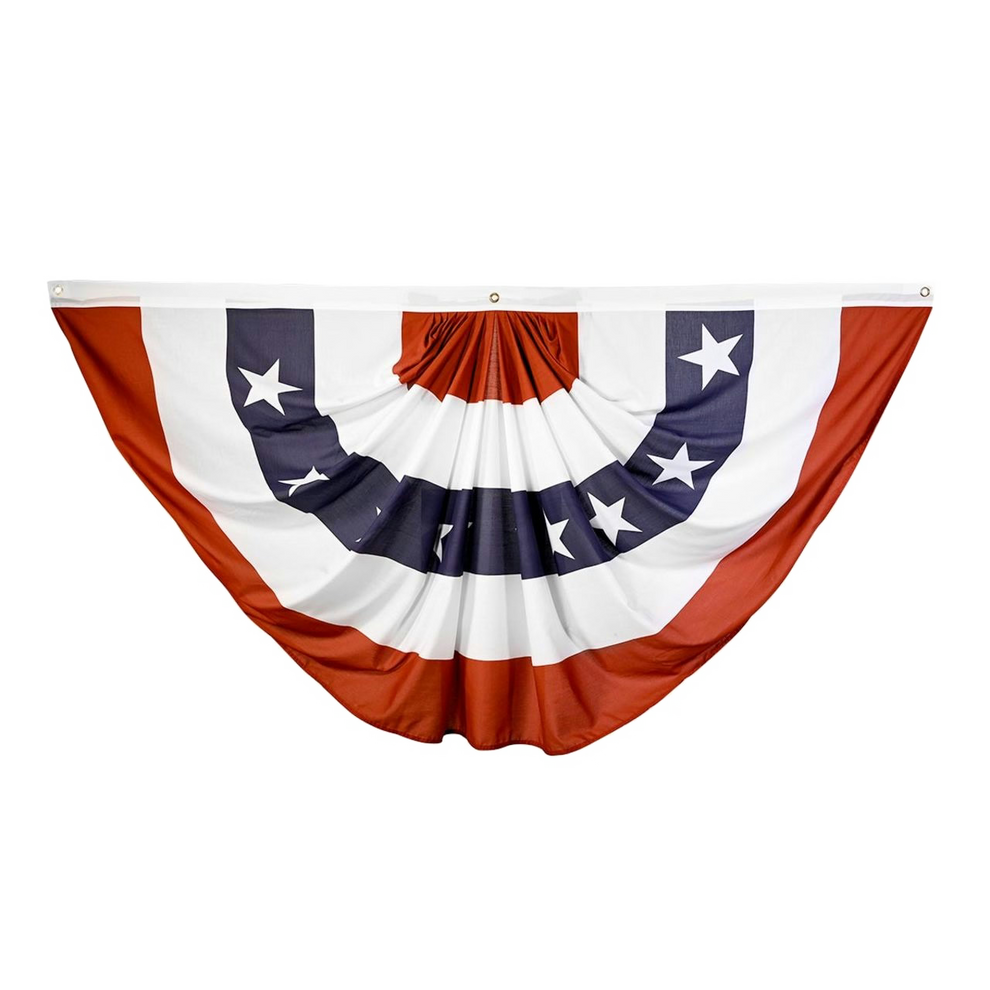 A patriotic bunting garland banner with a red, white, and navy blue American flag design, featuring white stars on a navy blue background and a red pleated center, shown against a plain white background.