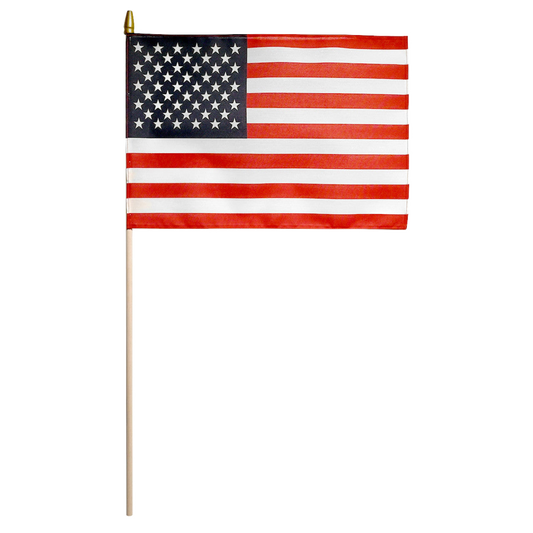 A small American flag on a wooden stick with a gold finial, shown against a plain white background.