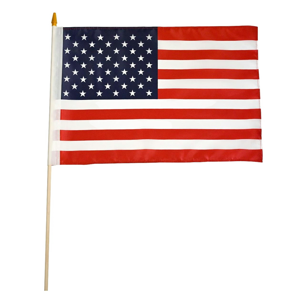 A small American flag on a wooden stick with a gold spear tip, isolated on a white background.