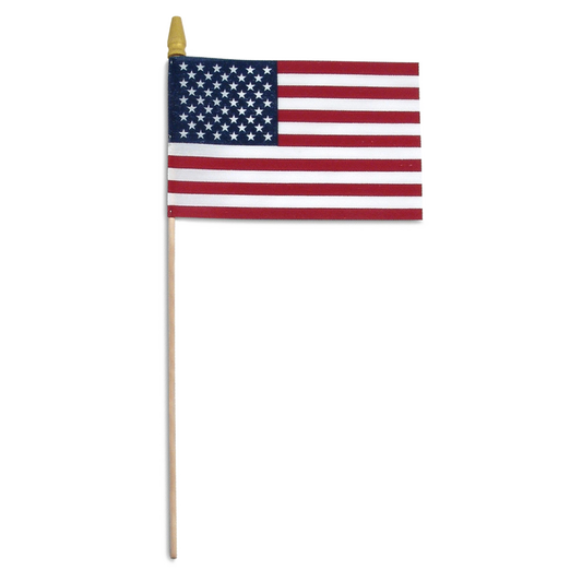 American flag on a wooden stick against a white background
