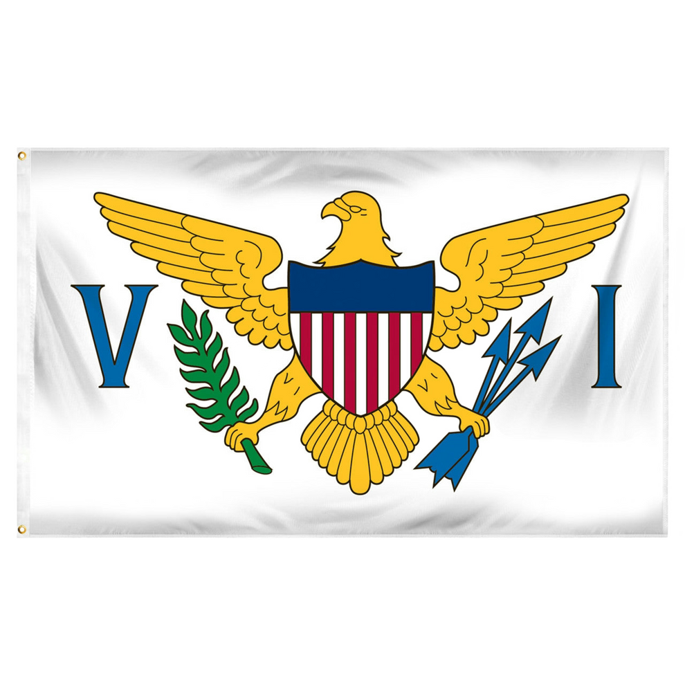 U.S. Virgin Islands flag with a yellow eagle emblem and 'V I' on a white background