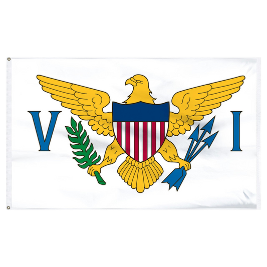Virgin Islands flag featuring a bald golden eagle with outstretched wings against a white background, flanked by the letters 'V' and 'I' on both sides.