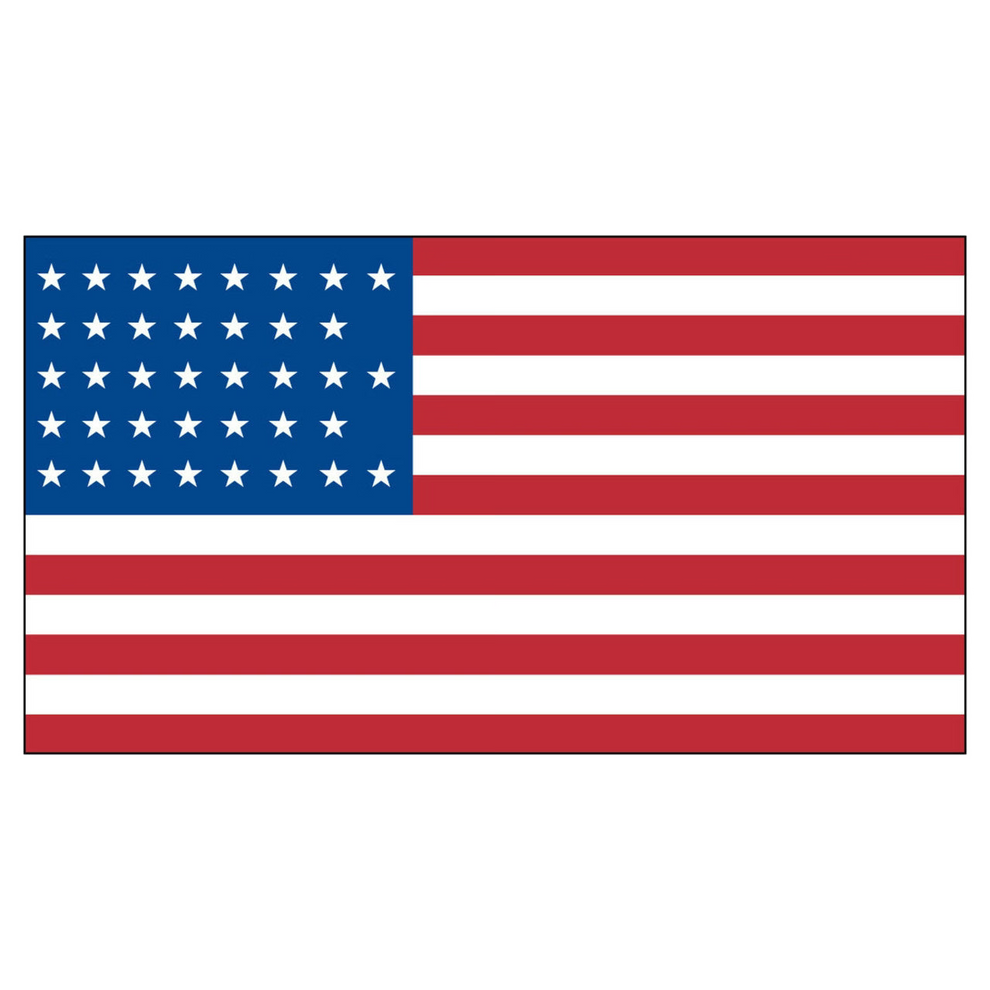 American flag with blue canton and 38 white stars on the left, red and white stripes on the right.