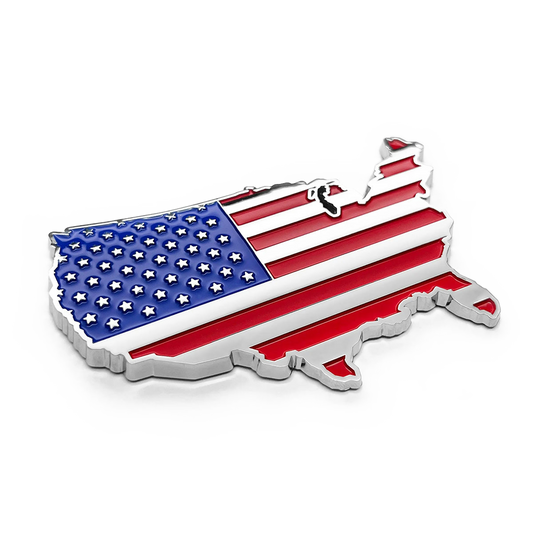 A metal decal in the shape of the continental United States painted as an American flag