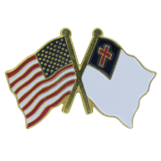 Pin with crossed American flag and Christian cross on a white background