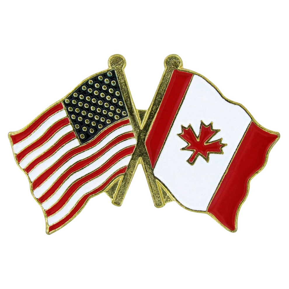Pin with crossed American and Canadian flags on a white background