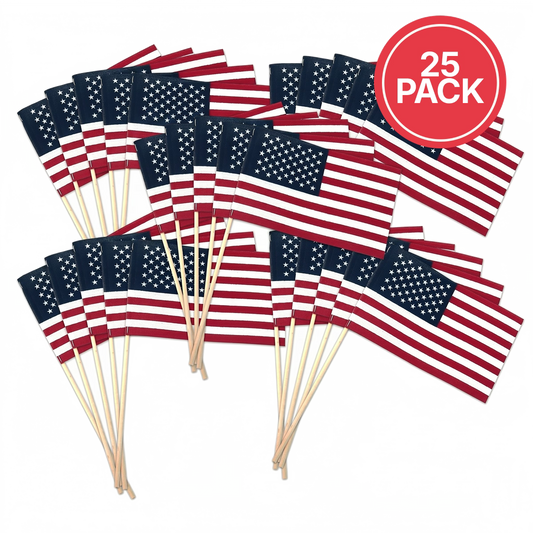 25 American flags on sticks with a '25 Pack' label.