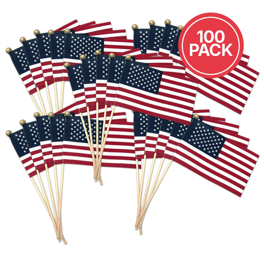 100-pack of American flags on sticks with a red circle label indicating '100 Pack'.