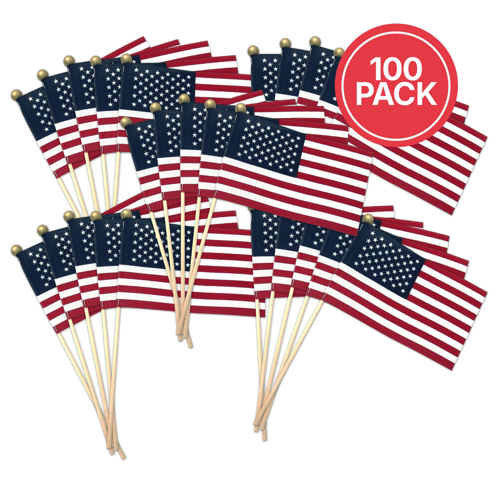 100-pack of American flags on sticks with a red circle label indicating '100 Pack'.