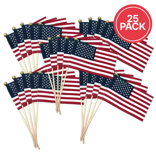 25-pack of American flags on sticks with a red circle indicating the quantity.
