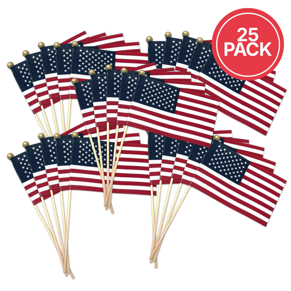 25-pack of American flags on sticks with a red circle indicating the quantity.