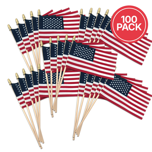 100-pack of American flags on sticks with a '100 Pack' label.