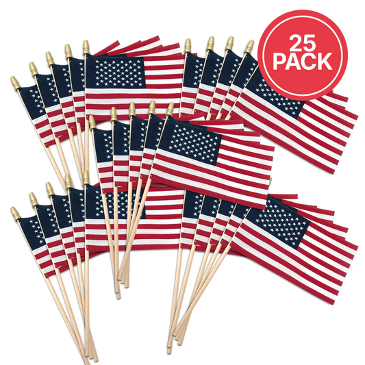 25 American flags on sticks with a '25 Pack' label in the corner.