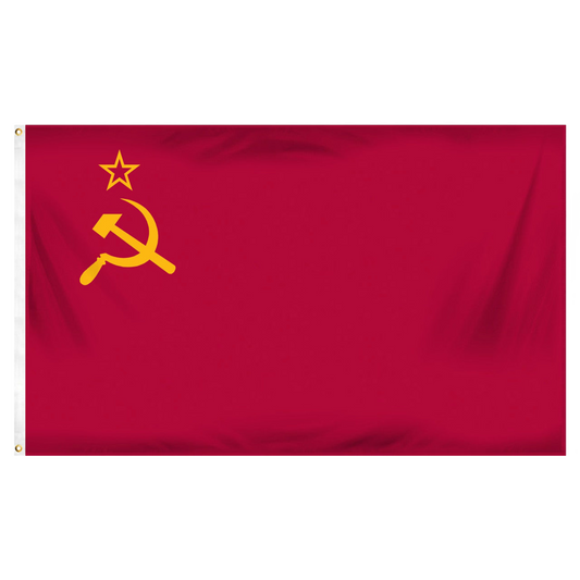 Red flag with yellow hammer and sickle symbol on a white background