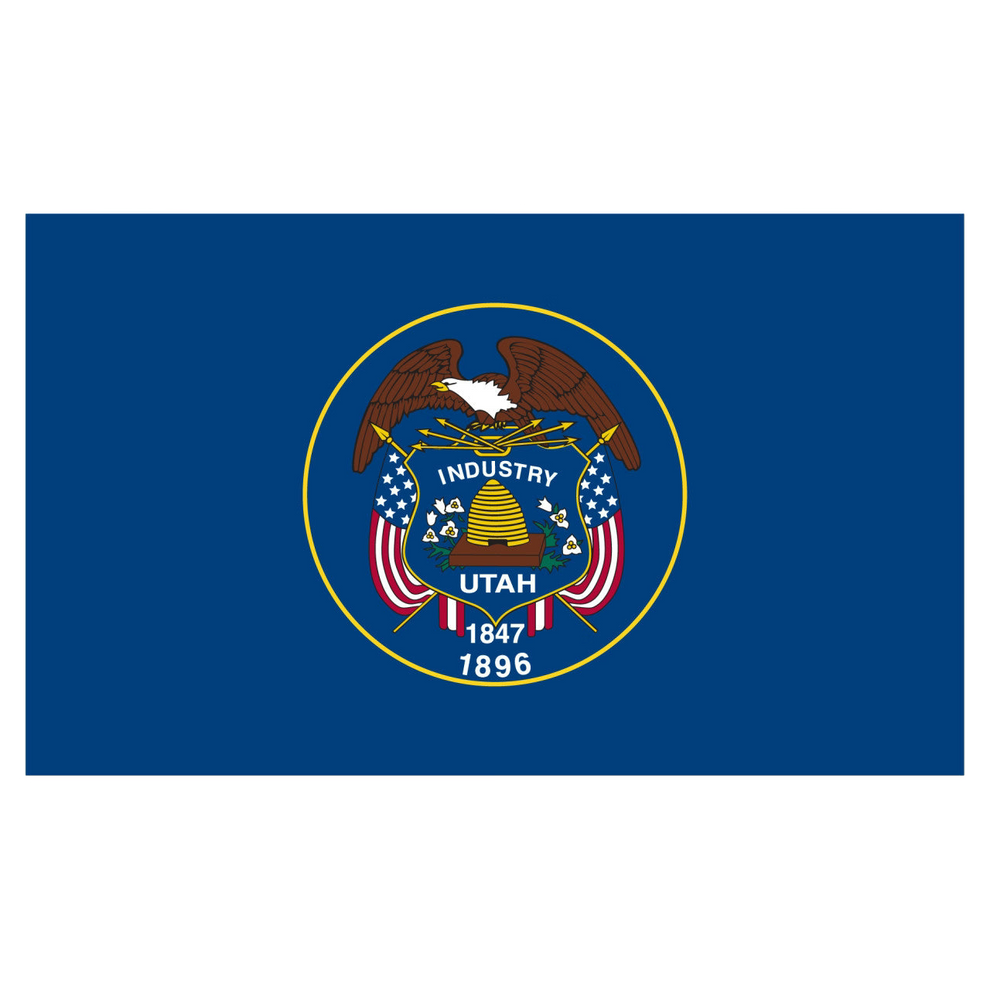 Historical Utah state flag design featuring the full-color state seal, gold beehive, and 'Industry' motto on a solid blue background. 