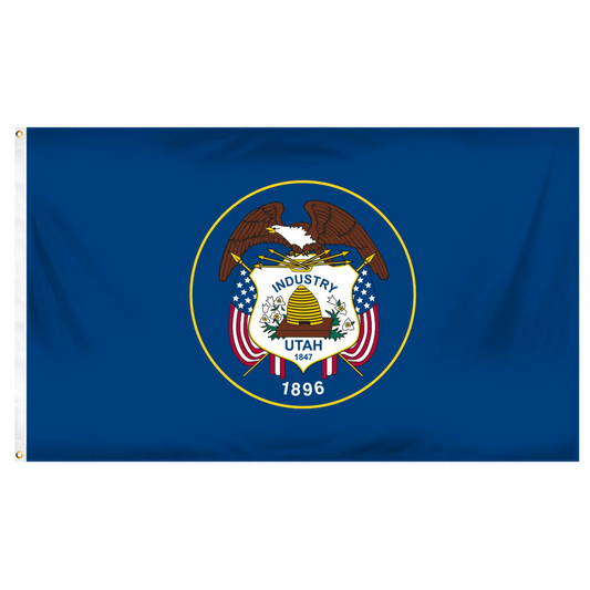 Historical Utah state flag featuring a white header, brass grommets, and the intricate full-color state seal design with the 'Industry' motto on a solid blue field