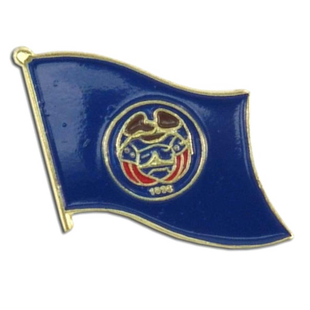 Blue Utah flag-shaped badge with a gold border on a white background