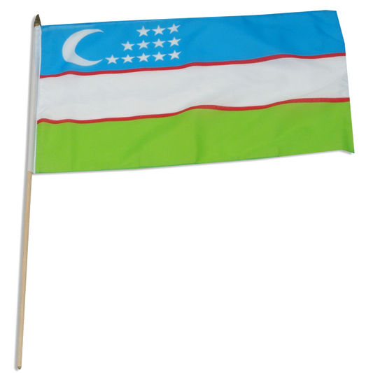 Flag Uzbekistan with blue, white, and green horizontal stripes on a white background