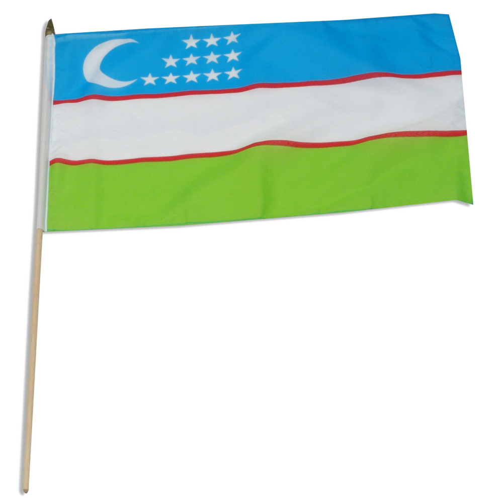 Flag Uzbekistan with blue, white, and green horizontal stripes on a white background
