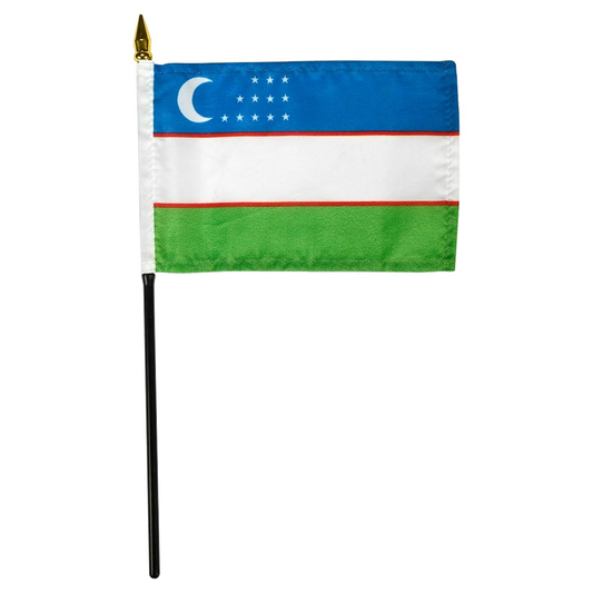 Uzbekistan flag with blue, white, and green stripes on a white background