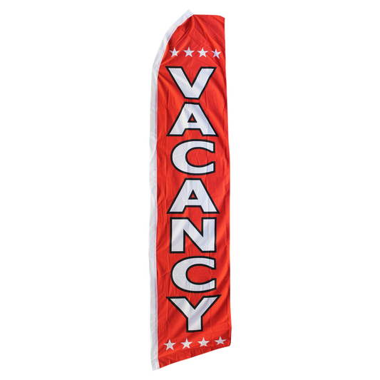Red feather flag with 'Vacancy' text on a white background