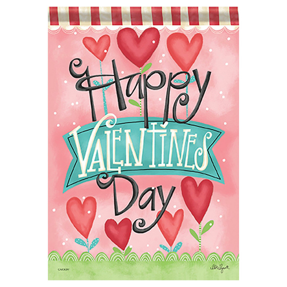 Valentine's Day decorative flag with hearts and 'Happy Valentine's Day' text on a pink background