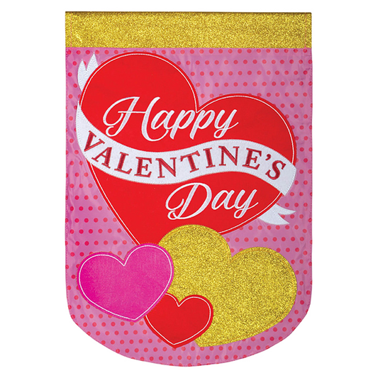 Valentine's Day decorative flag with hearts and 'Happy Valentine's Day' text on a pink background.