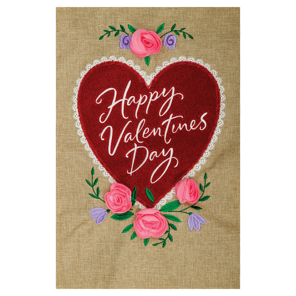 Valentine's Day garden flag with a red heart and floral decorations on a textured background