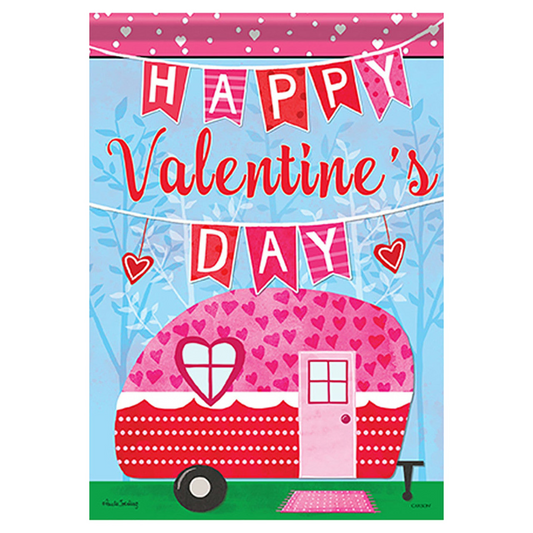 Valentine's Day decorative flag with a pink camper and heart designs on a blue background.