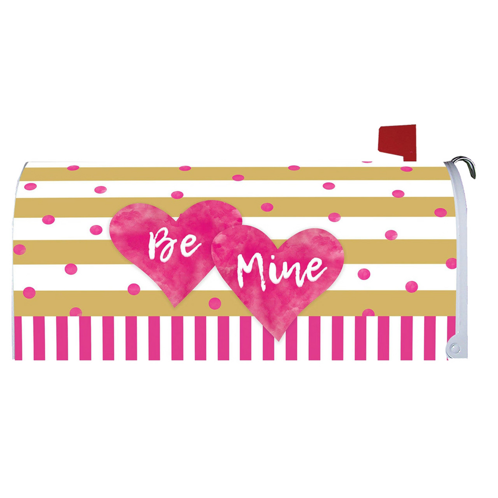 Mailbox cover with pink hearts and 'Be Mine' text on a striped background