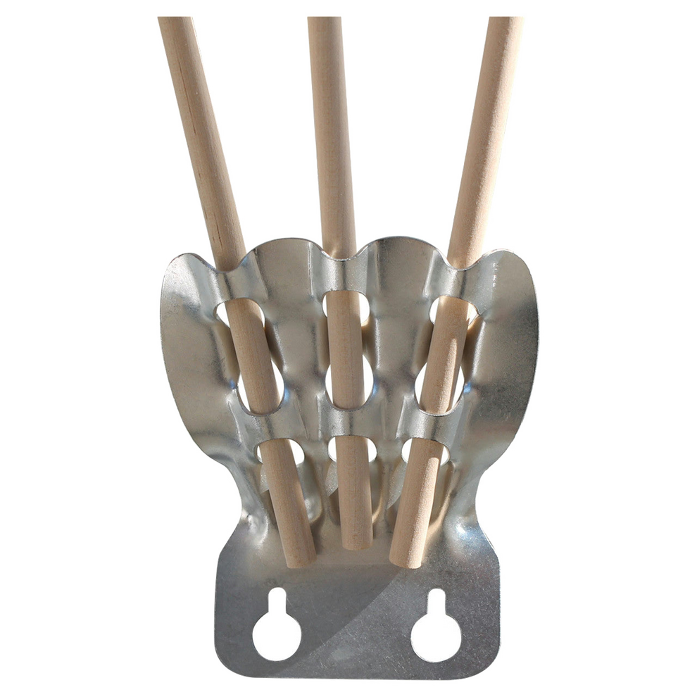 Three finger stamped metal bracket with three wooden sticks