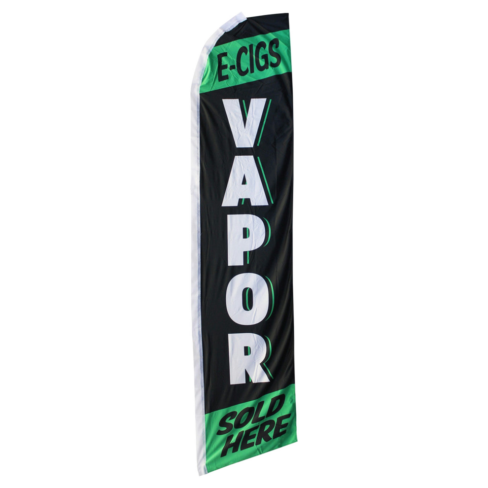 Swooper flag with 'E-Cigs Vapor Sold Here' text on a black and green background