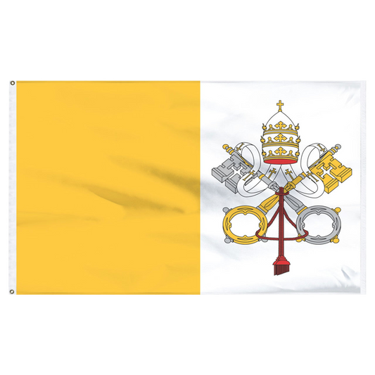 Flag of the Vatican City with a yellow and white background featuring a papal emblem.