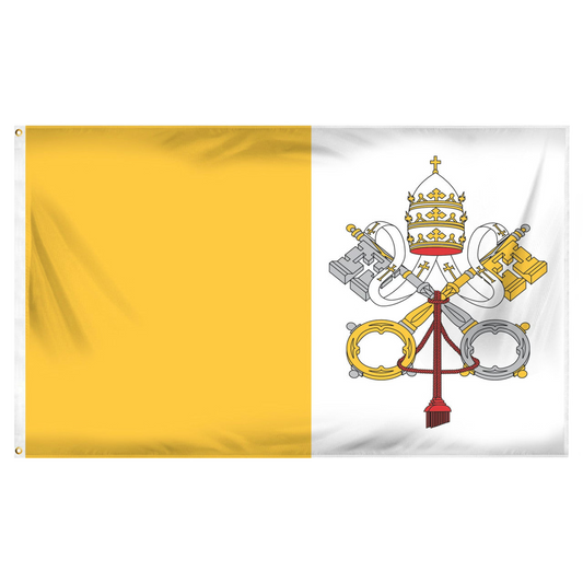 Vatican City flag with a yellow and white background featuring a central emblem.