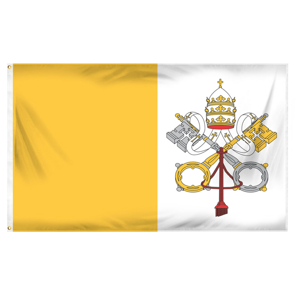 Vatican City flag with a yellow and white background featuring a central emblem.
