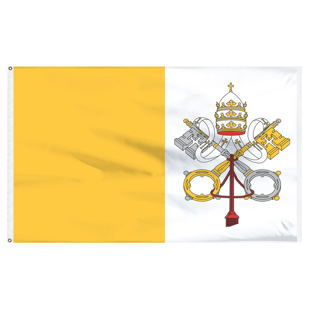 Flag of the Vatican City with a yellow and white background featuring a papal emblem.