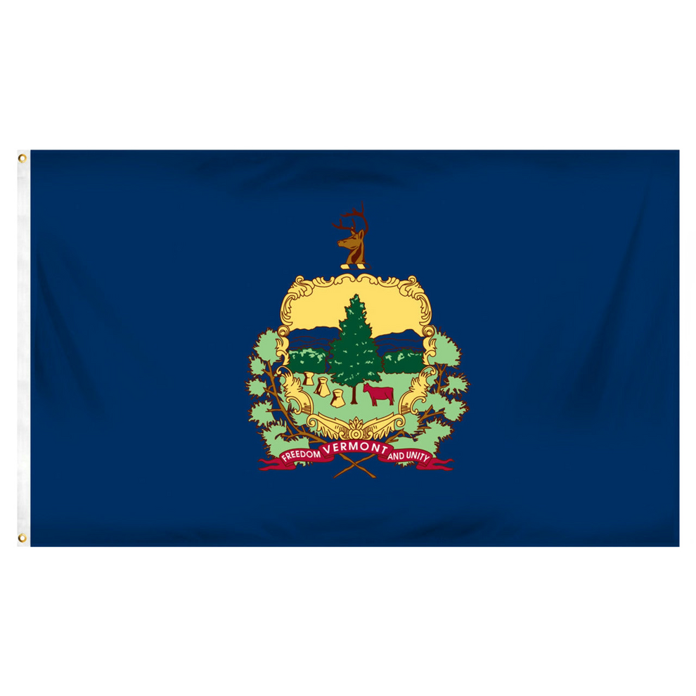 Vermont state flag featuring the full-color state coat of arms and 'Vermont, Freedom and Unity' motto on a solid azure blue field.