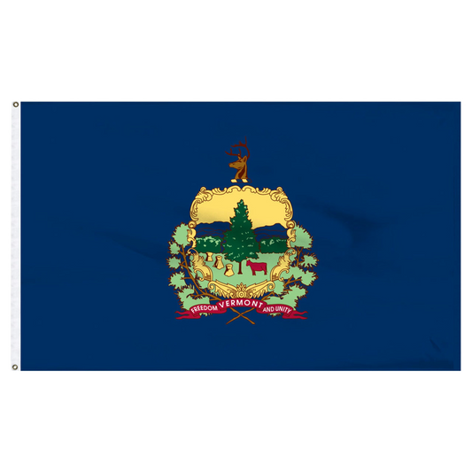 Vermont state flag featuring the full-color state coat of arms and 'Vermont, Freedom and Unity' motto on a solid azure blue field.