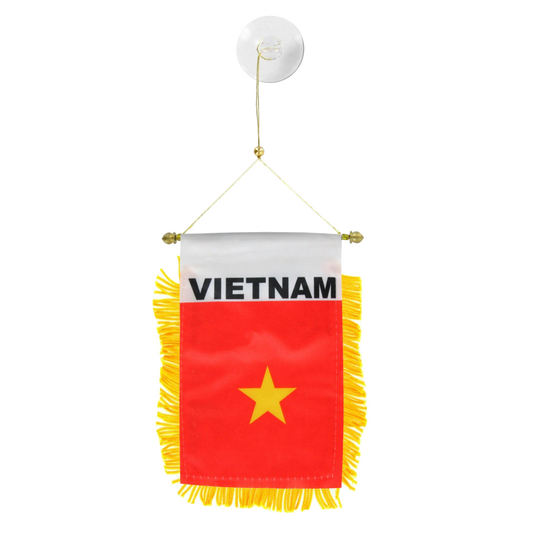 Vietnam flag with yellow star and text on a white background