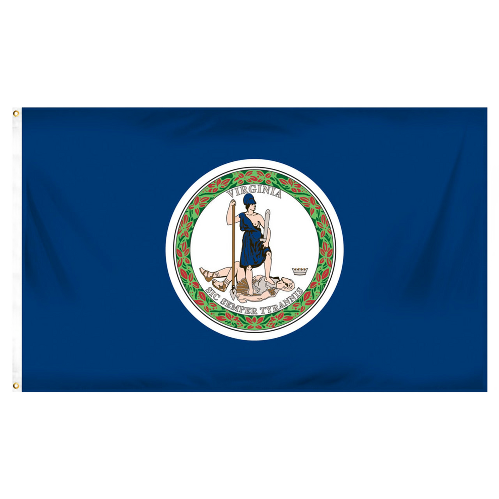Virginia state flag featuring the historic full-color state seal and 'Sic Semper Tyrannis' motto on a solid dark blue field.