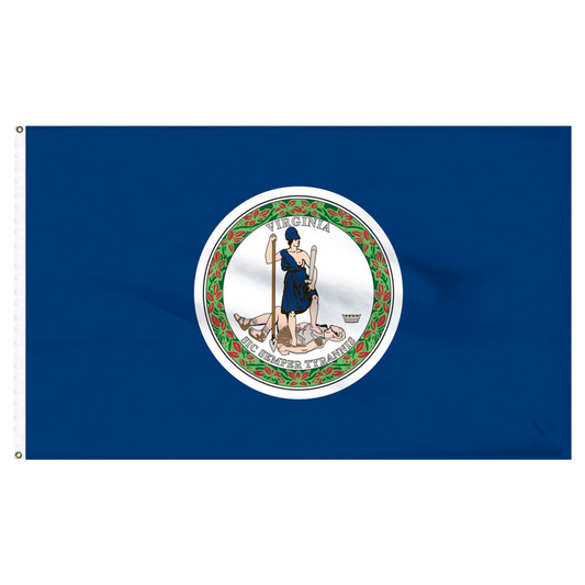 Virginia state flag featuring the historic full-color state seal and 'Sic Semper Tyrannis' motto on a solid dark blue field.
