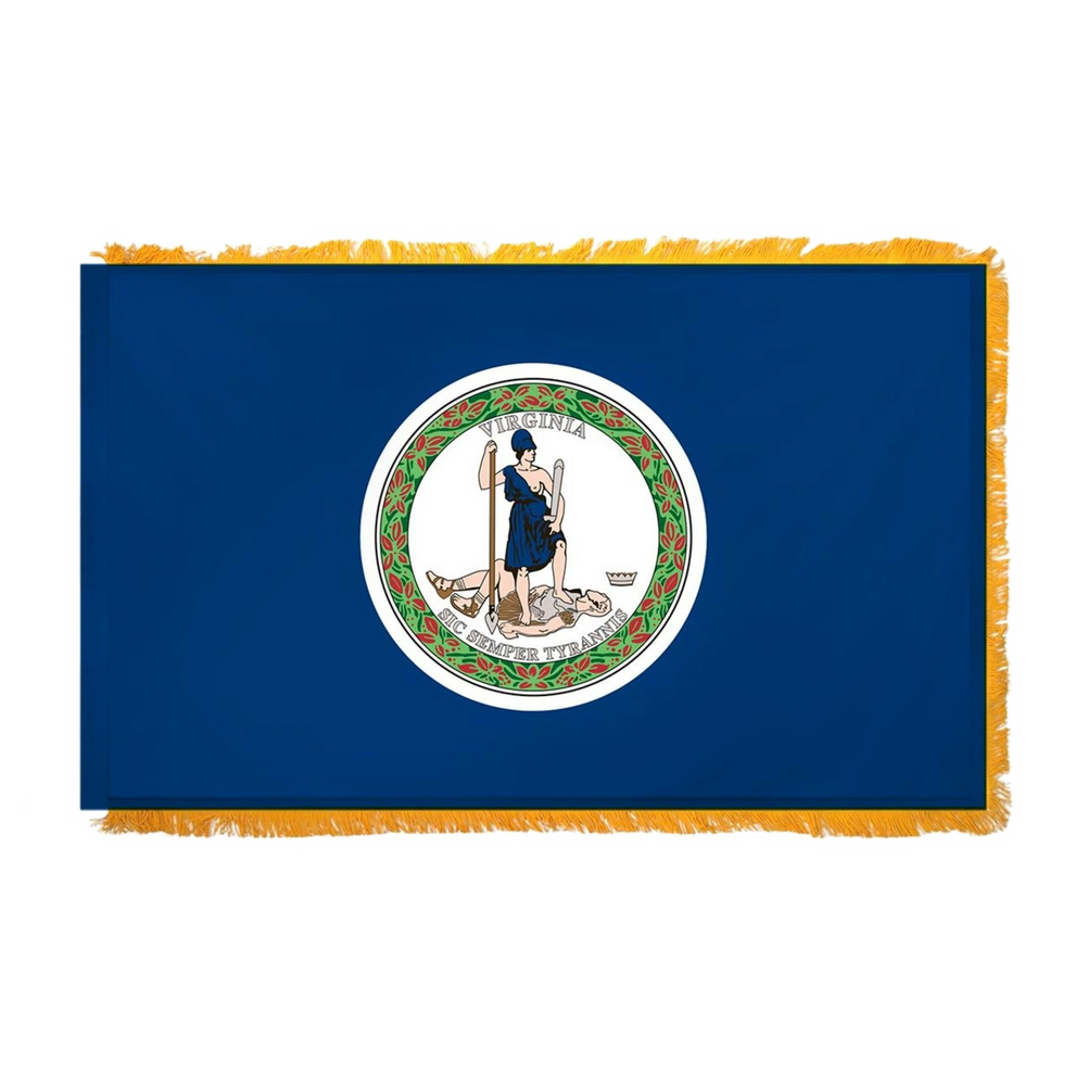 Flag of Virginia with a blue background and coat of arms in the center