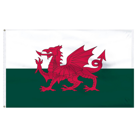 Wales flag with top portion white and bottom portion green with a large red dragon in the middle.