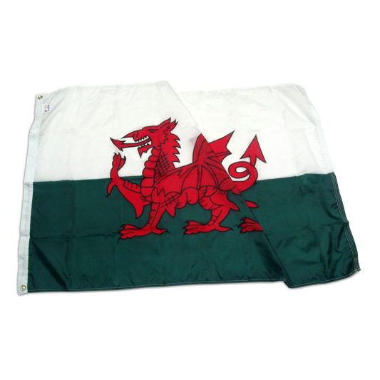 Wales flag with top half white and bottom half green with a red dragon in the center.