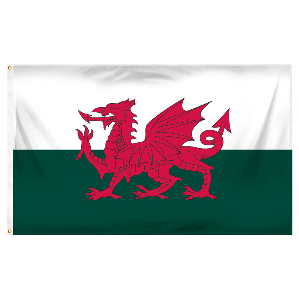 Flag of Scotland featuring a red dragon in the center. The top half of the flag white and bottom half green.