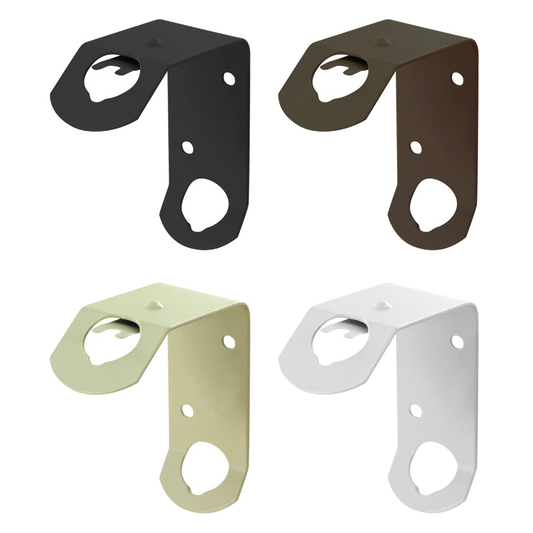 Four metal brackets in black, brown, beige, and white on a white background